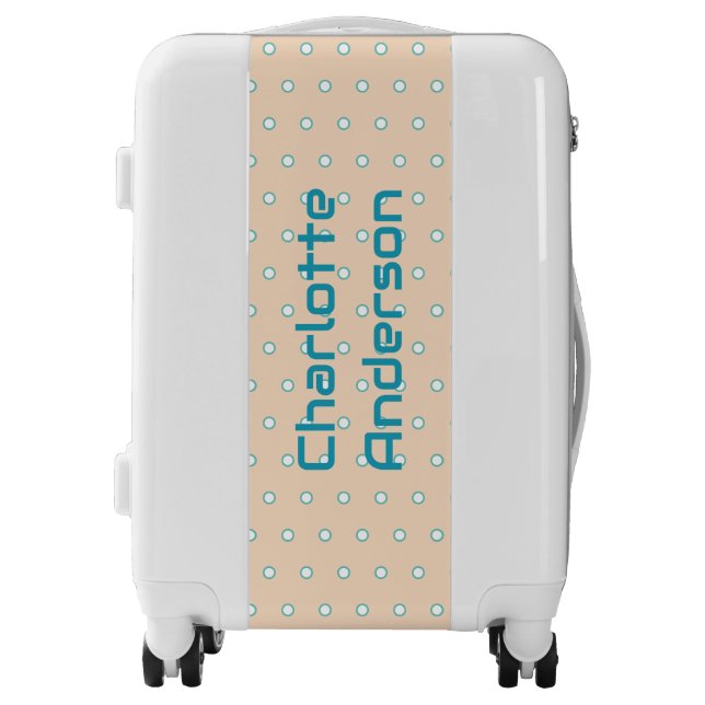 Personalized Name Beige Teal Polka Dot Luggage (Front)