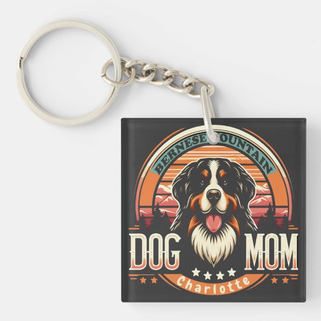 Personalized Name Bernese Mountain Dog Mom Vintage Keychain (Front)