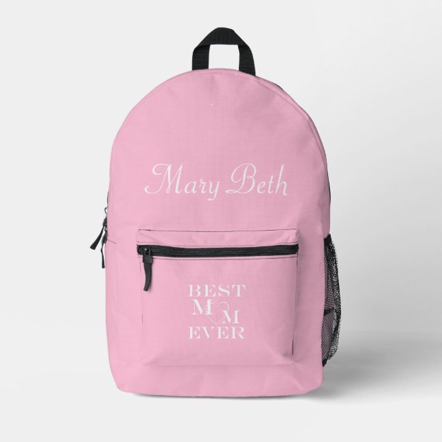 Personalized Name Best Mom Ever Cute Heart Pink Printed Backpack (Front)