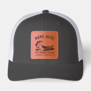 Personalized Name Big Bass Small Boat Fishing Leather Patch Hat