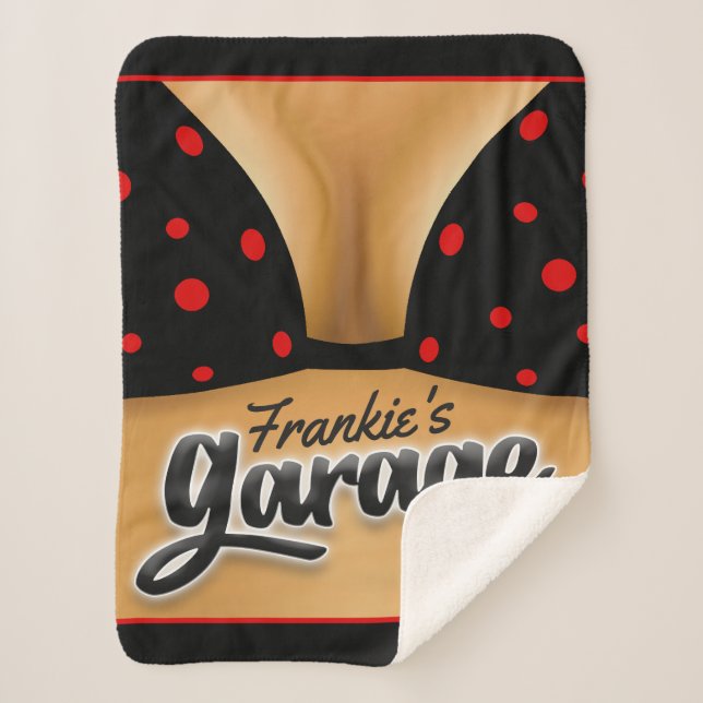 Personalized NAME Bikini Babe Girl Man Cave Garage Sherpa Blanket (Front)