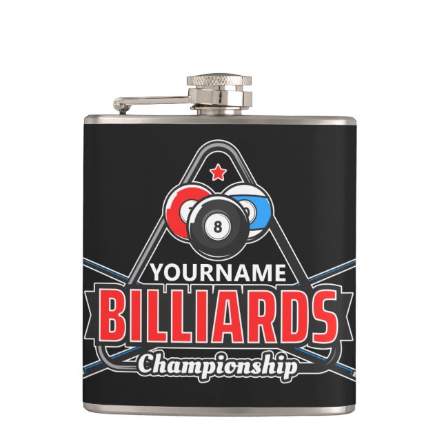 Personalized NAME Billiards 8 Ball Pool Cue Rack  Flask (Front)