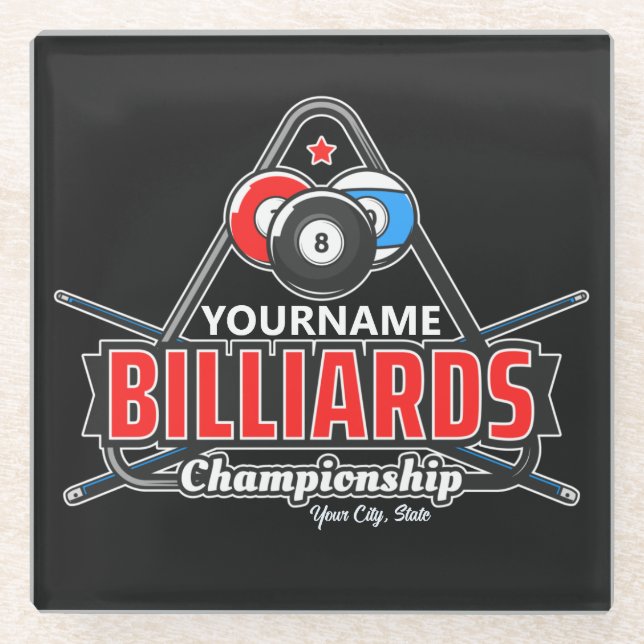 Personalized NAME Billiards 8 Ball Pool Cue Rack Glass Coaster (Front)