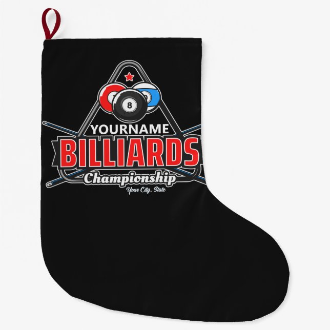 Personalized NAME Billiards 8 Ball Pool Cue Rack Large Christmas Stocking (Front)