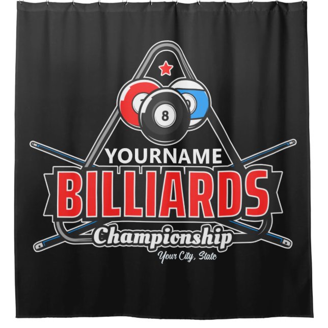 Personalized NAME Billiards 8 Ball Pool Cue Rack  Shower Curtain (Front)