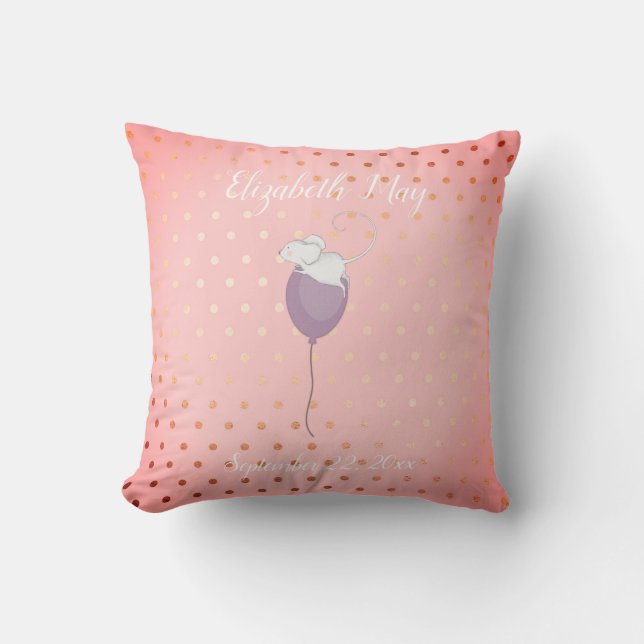 Personalized Name Birthdate Mouse Floating Balloon Throw Pillow (Front)