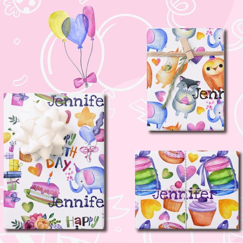 Personalized Name Birthday Balloons Cake Gifts 3 Wrapping Paper Sheets