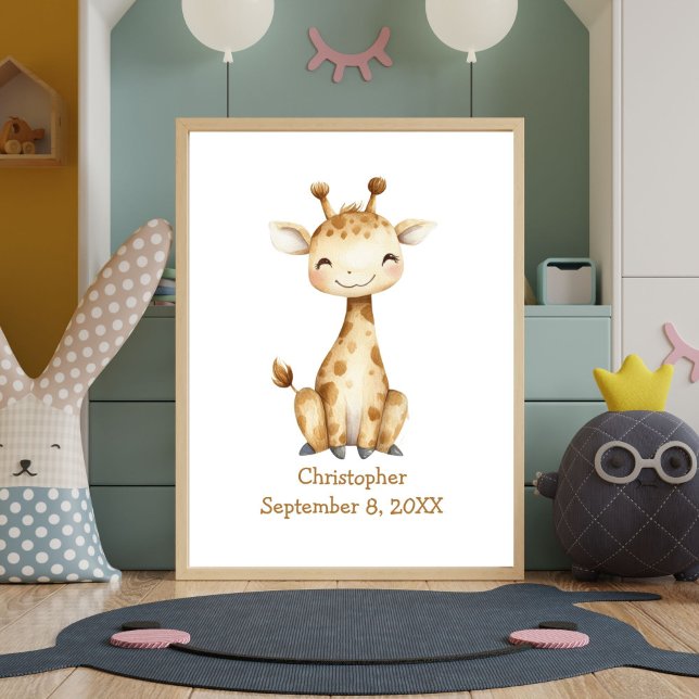 Personalized Name Birthday Giraffe Nursery Baby  Poster (Personalized Birth Stats Giraffe Baby Nursery poster print. Printed or Digital Download Art)