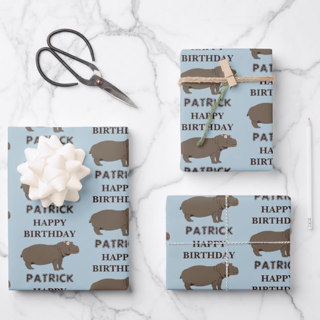 Personalized Name Birthday Hippopotamus Hippo Wrapping Paper Sheets (Front)