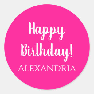Personalized Name Birthday Hot Pink Happy Birthday Classic Round Sticker