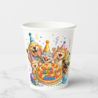 Personalized Name Birthday Pizza Party Animals Paper Cups