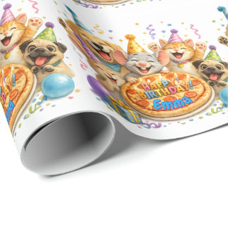 Personalized Name Birthday Pizza Party Animals Wrapping Paper