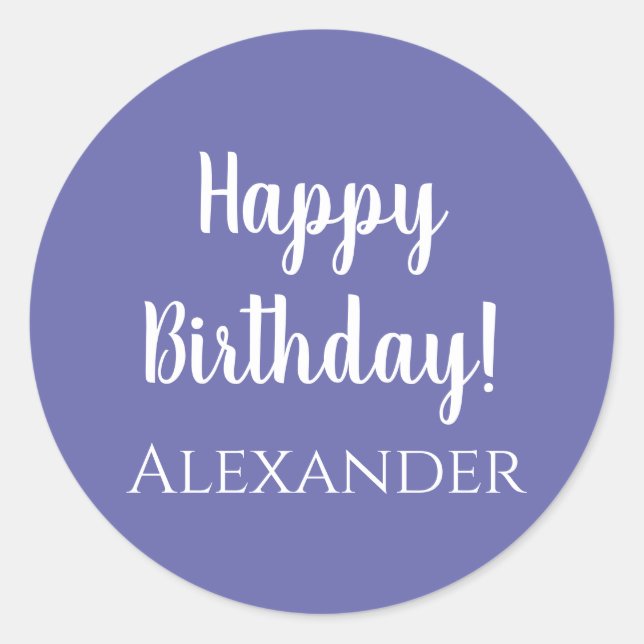 Personalized Name Birthday Purple Happy Birthday Classic Round Sticker (Front)
