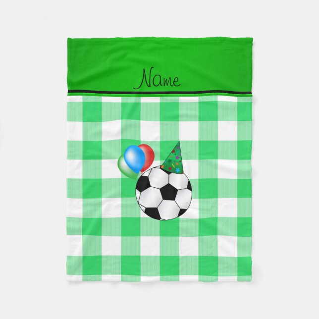Personalized name birthday soccer green checkers fleece blanket (Front)
