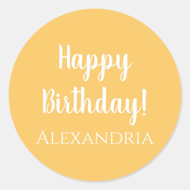 Personalized Name Birthday Yellow Happy Birthday Classic Round Sticker (Front)