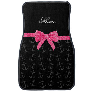 Personalized name black anchors pink glitter bow car mat