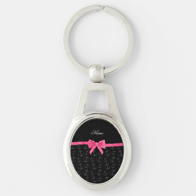 Personalized name black anchors pink glitter bow keychain (Front)