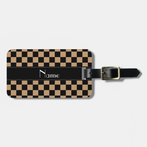 Personalized name black and brown checkers luggage tag