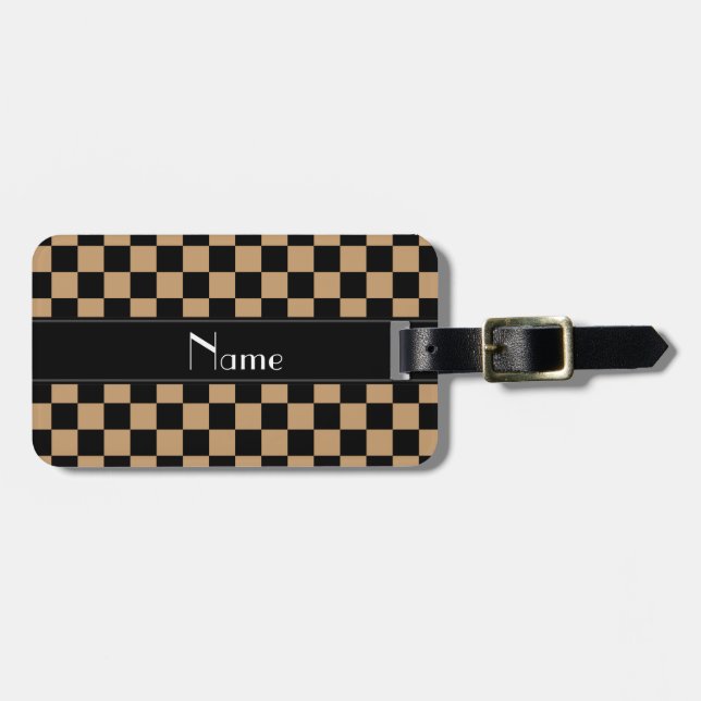 Personalized name black and brown checkers luggage tag (Front Horizontal)
