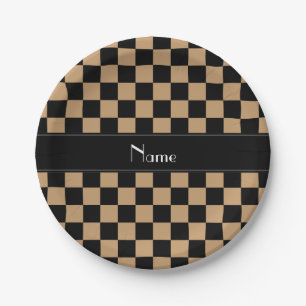 Personalized name black and brown checkers paper plates