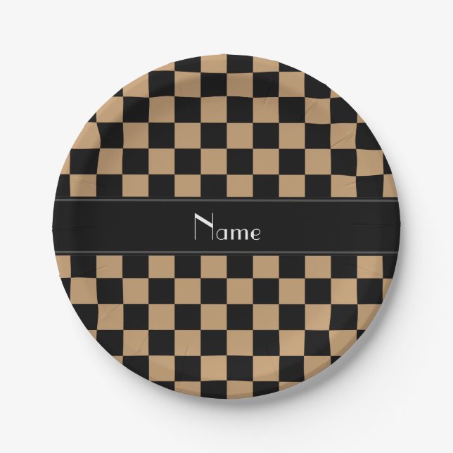 Personalized name black and brown checkers paper plates (Front)