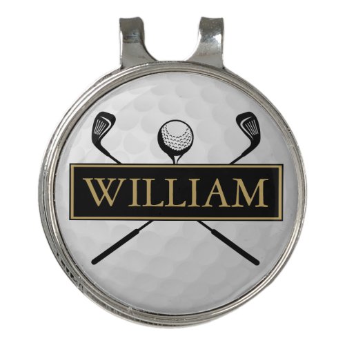 Personalized Name Black And Gold Ball And Clubs Golf Hat Clip