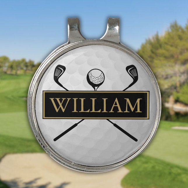 Personalized Name Black And Gold Ball And Clubs Golf Hat Clip (Personalized Name Black And Gold Ball And Clubs Golf Hat Clip)