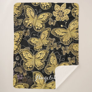 Personalized Name Black and Gold Butterflies  Sherpa Blanket