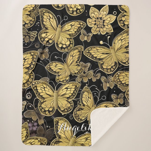  Personalized Name Black and Gold Butterflies  Sherpa Blanket (Front)