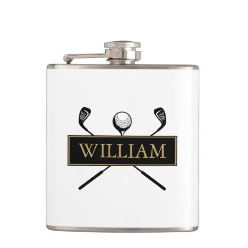 Personalized Name Black And Gold Clubs And Ball Flask