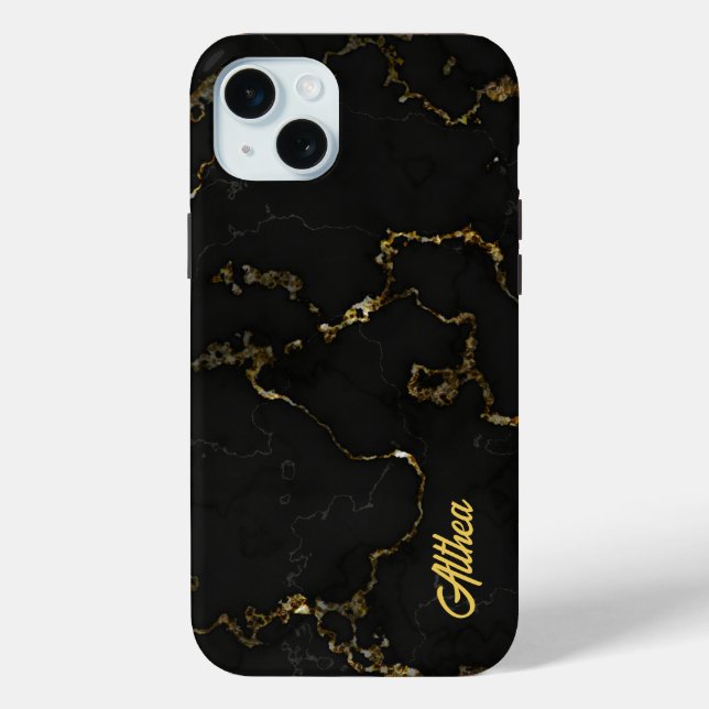 Personalized Name Black and Gold Marbled  Case-Mate iPhone Case (Back)