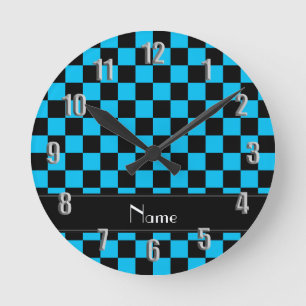 Personalized name black and light blue checkers round clock