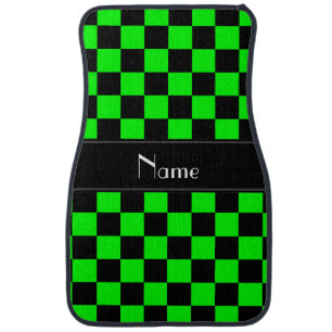 Personalized name black and neon green checkers car floor mat