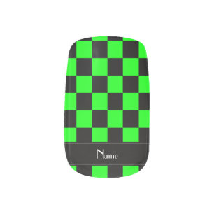 Personalized name black and neon green checkers minx nail wraps