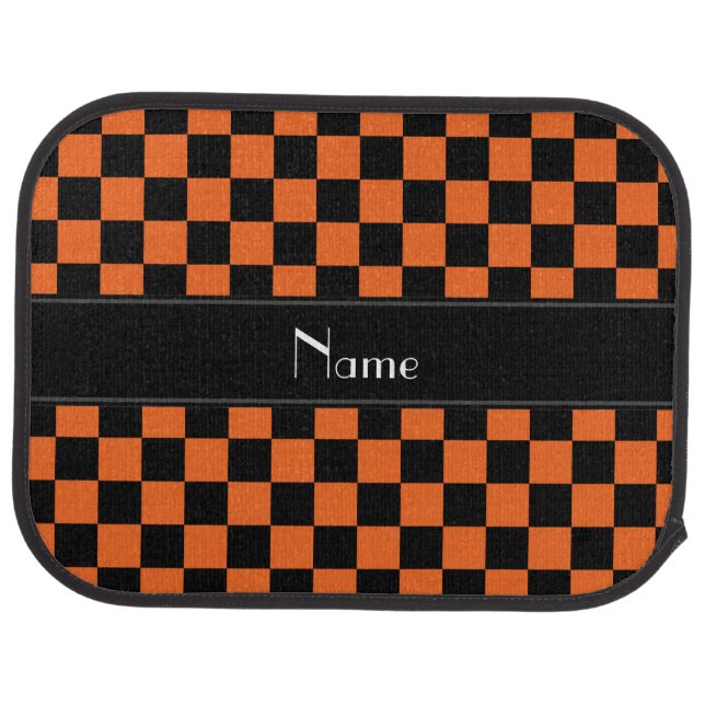 Personalized name black and orange checkers car floor mat (Rear)