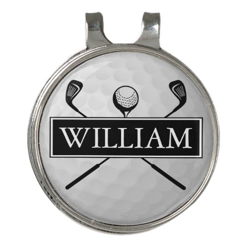 Personalized Name Black And White Ball And Clubs Golf Hat Clip