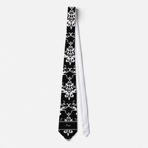 Personalized name black and white damask tie