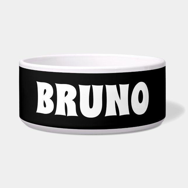 Personalized Name Black and White Dog Bowl (Front)