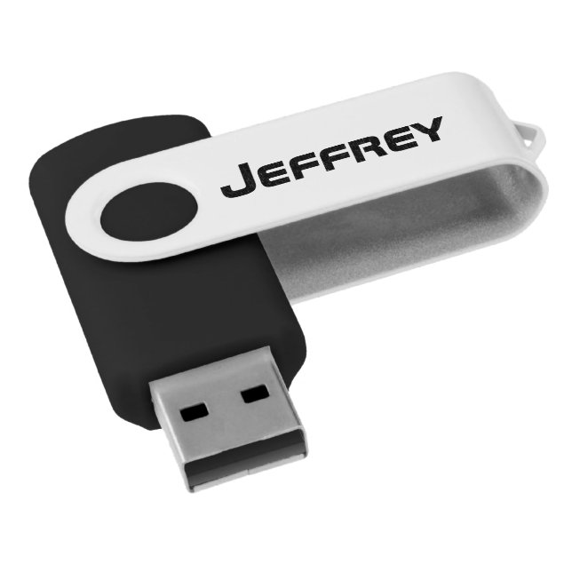 Personalized Name, Black and White Modern USB USB Flash Drive (Angled)
