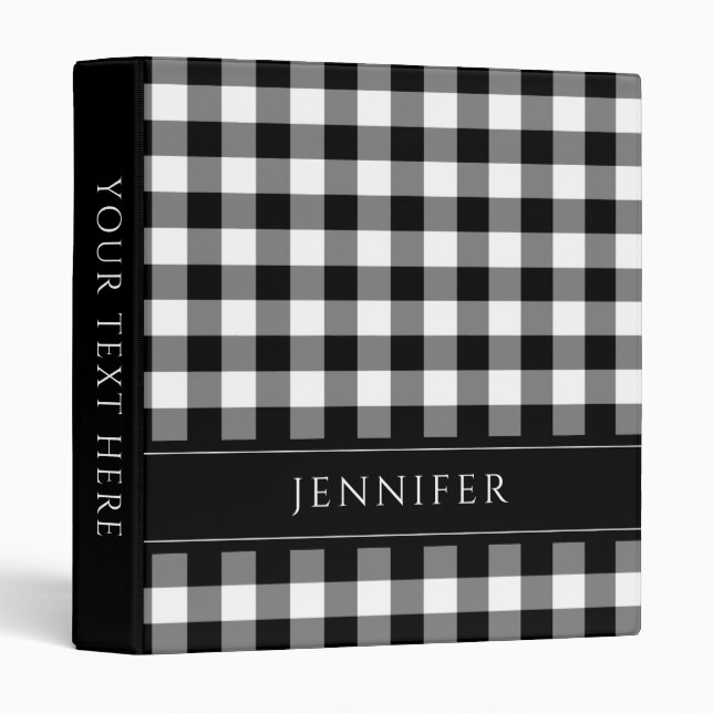 Personalized Name Black And White Plaid 3 Ring Binder (Front/Spine)