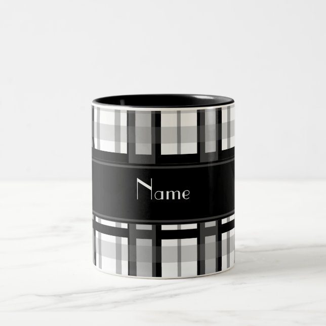 Personalized name black and white plaid Two-Tone coffee mug (Center)