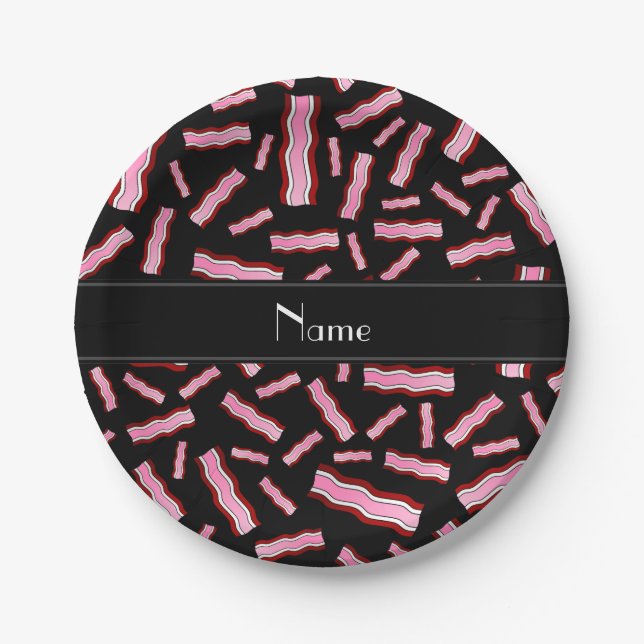 Personalized name black bacon pattern paper plates (Front)