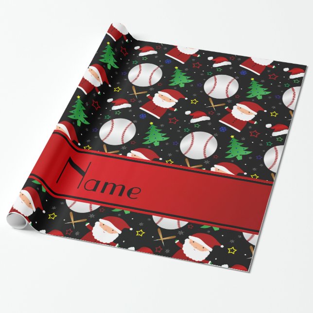 Personalized name black baseball christmas wrapping paper (Unrolled)