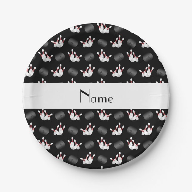 Personalized name black bowling pattern paper plates (Front)