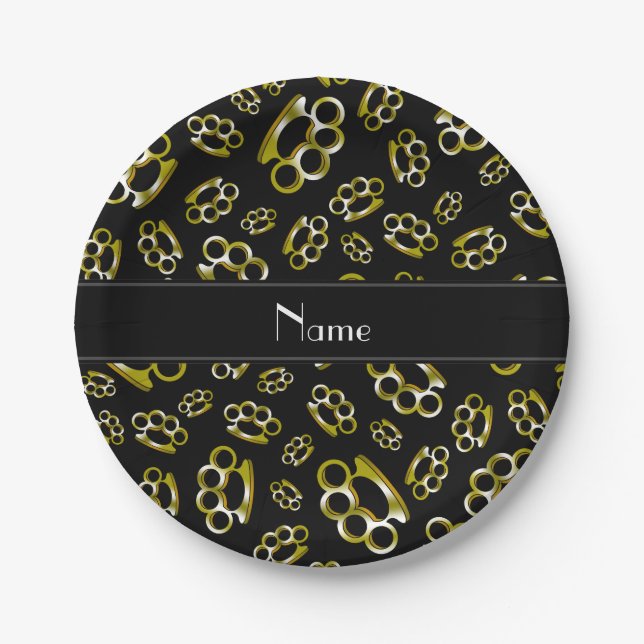 Personalized name black brass knuckles paper plates (Front)