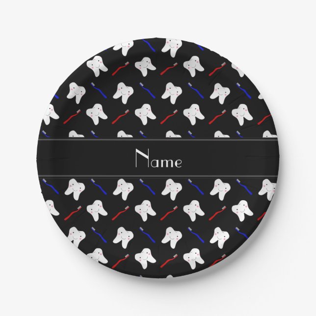 Personalized name black brushes and tooth pattern paper plates (Front)