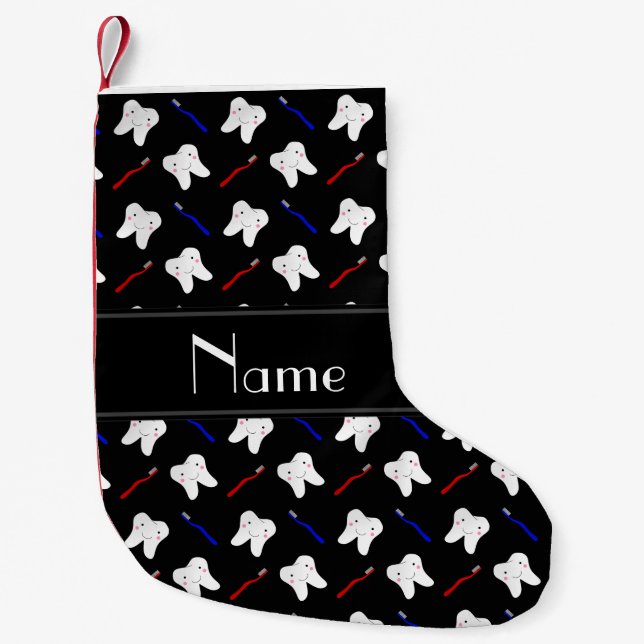 Personalized name black brushes and tooth pattern small christmas stocking (Front)