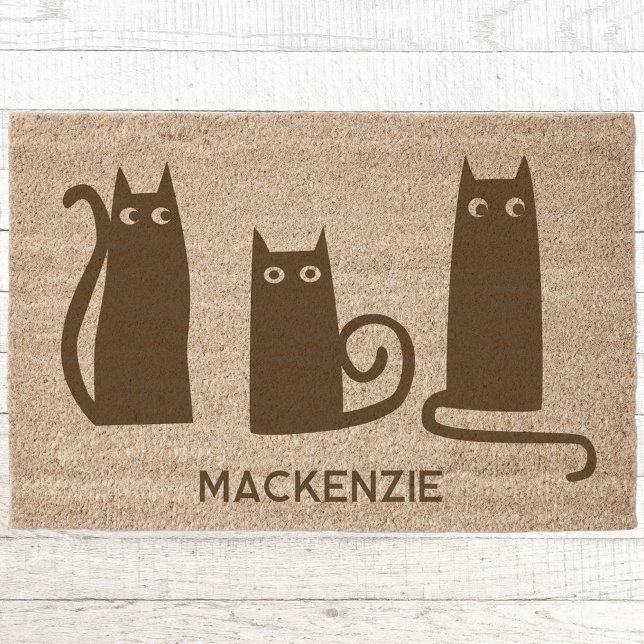 Personalized Name Black Cat Fiber Doormat (Fun cat personalized family name coir doormat)
