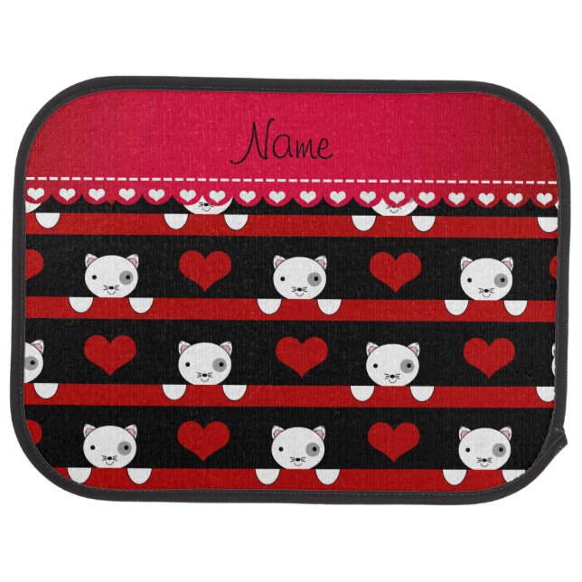 Personalized name black cats red hearts stripes car mat (Rear)