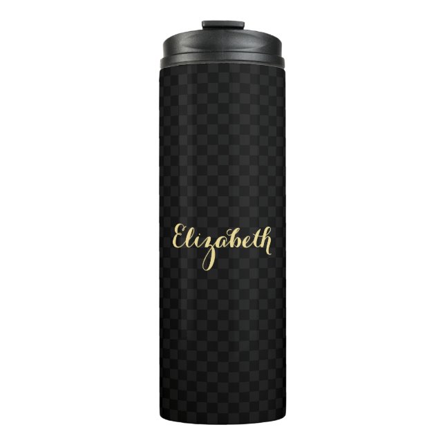 Personalized Name Black Check Pattern Sleek Steel Thermal Tumbler (Front)